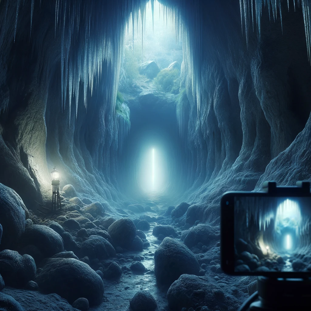 Das Bild zeigt den antiken, engen Gang innerhalb einer Höhle, der nur durch das Licht eines Smartphones beleuchtet wird. Die Wände glitzern mit Eiskristallen, was auf die kalte, geheimnisvolle Atmosphäre hinweist. Im Hintergrund ist ein verborgener Schacht in der Wand sichtbar, der ein schwaches, überirdisches Leuchten ausstrahlt, welches auf ein unentdecktes Wunder hindeutet. Diese Szene fängt den Moment der Entdeckung durch die Archäologen Carlos, Esteban und Clara ein und zeigt ihre Erwartung und das Unbekannte, das vor ihnen liegt.